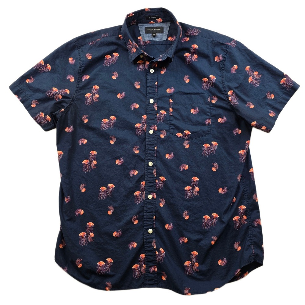 Banana Republic Jellyfish Slim Fit Shirt Mens XL Navy Blue Cotton Short Sleeve